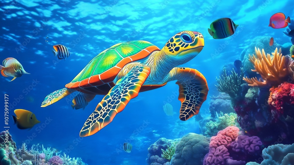 Vibrant Underwater Scene with Sea Turtle, Colorful Fish, and Coral Reef in Deep Blue Water Vibrant Underwater Scene with Sea Turtle, Colorful Fish, and Coral Reef in Deep Blue Water