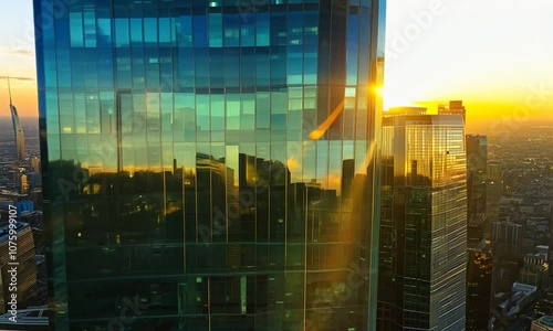 Aerial close-up shot of skyscraper windows at sunset, with reflections of the bustling city below, dramatic shadows and golden lighting