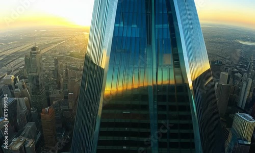 Aerial close-up shot of skyscraper windows at sunset, with reflections of the bustling city below, dramatic shadows and golden lighting