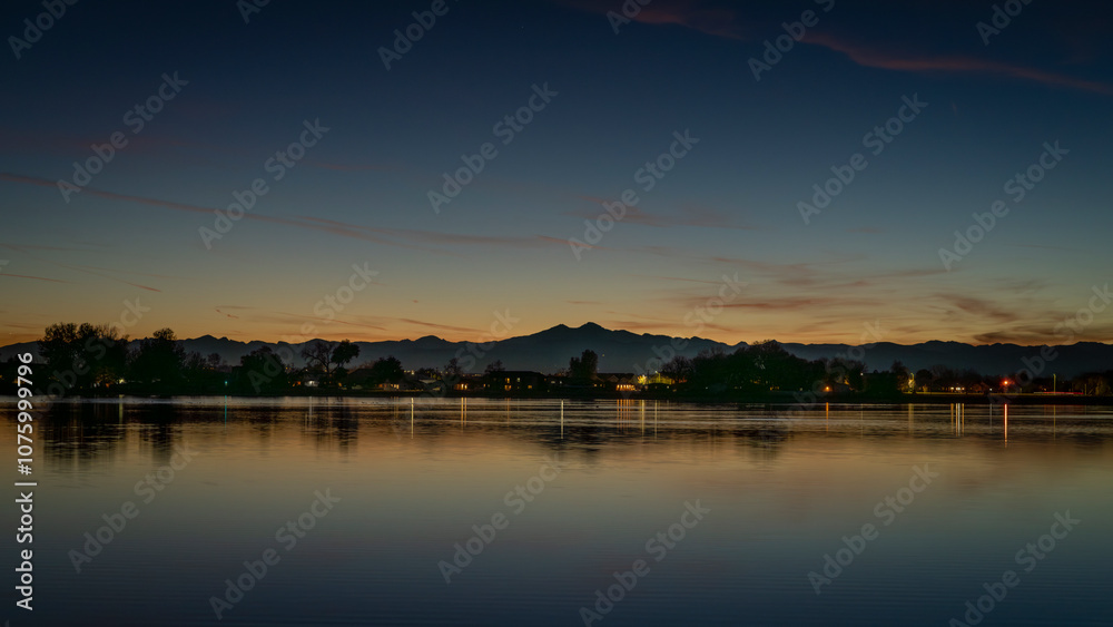 sunset over Rocky Mountains with Longs Peak and Windsor Lake in Colorado sunset over Rocky Mountains with Longs Peak and Windsor Lake in Colorado