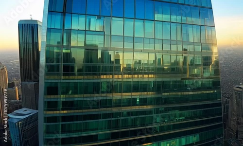Aerial close-up shot of skyscraper windows at sunset, with reflections of the bustling city below, dramatic shadows and golden lighting