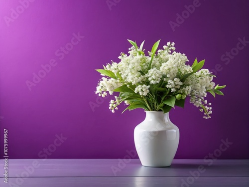 Aesthetic Arrangement of White Foliage on Purple Surface with White Vase of Blooms