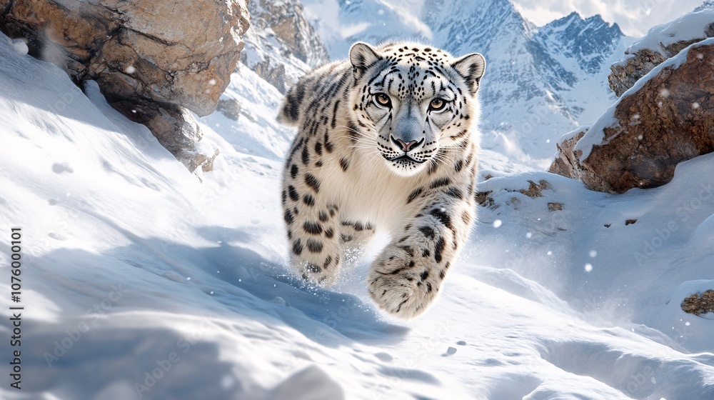Fototapeta premium Snow Leopard Walking Through Mountainous Terrain