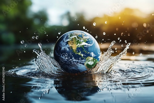 Peaceful Earth Globe Falling Into Water with Ripple Effect Under Blue Sky - Serene Nature Scene