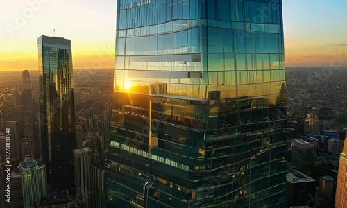 Aerial close-up shot of skyscraper windows at sunset, with reflections of the bustling city below, dramatic shadows and golden lighting