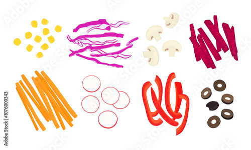 Set of sliced vegetables for salad, sandwich. Carrot, sweetcorn, red cabbage, radish, mushroom, bell pepper, beet root, olive. Hand drawn vector illustration.