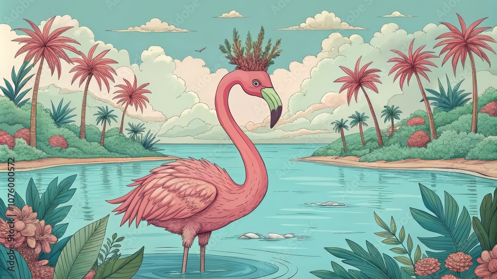 Fototapeta premium A Pink Flamingo with a Leafy Crown Stands in a Tropical Lagoon