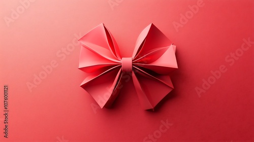 Elegant Red Festive Bow with Vibrant Folds on Plain Background