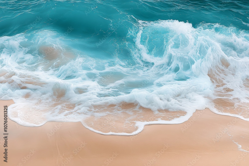Obraz premium Serene Beach Scene: Close-Up View of Blue Waters, Beige Sand, and Waves with Beautiful Foam Textures - Peaceful Atmosphere