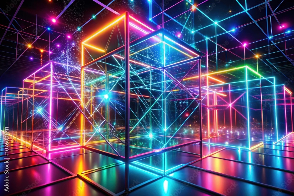 Neon Geometric Structures in Cyberspace Colorful Abstract Illustration with Lights Against Dark Background for Futuristic Tech and Digital Art Themes Neon Geometric Structures in Cyberspace Colorful Abstract Illustration with Lights Against Dark Background for Futuristic Tech and Digital Art Themes