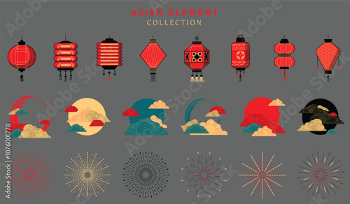 Asian design element set. Vector decorative collection of lanterns, moon, clouds, firework