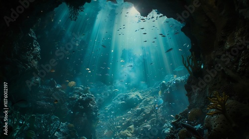  A serene underwater cave with shafts of light piercing through the entrance, illuminating schools of fish --stylize 50 