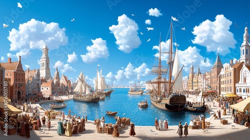 Bustling Medieval Port Town with Ships and Activity