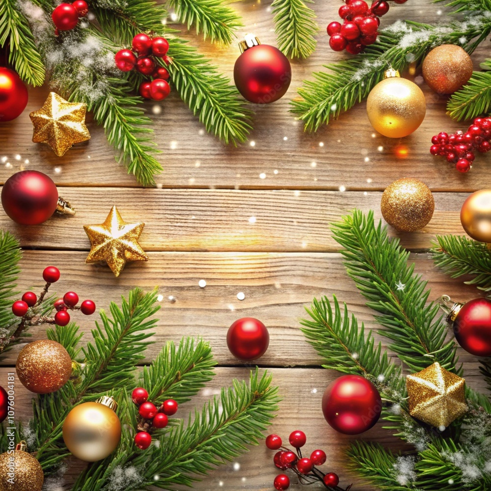 a christmas card with a red background with snowflakes and balls.