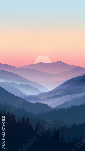 A serene landscape at sunset, showcasing layered mountains in hues of pink, purple, and blue, creating a tranquil atmosphere.