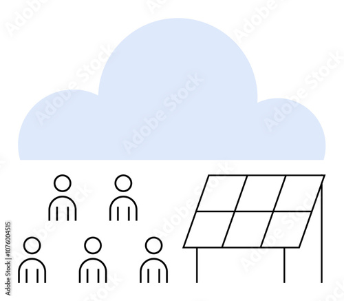 Cloud symbol six human figures, solar panel. Ideal for renewable energy, cloud technology, sustainability, community projects, solar power, green energy, innovation. Line metaphor