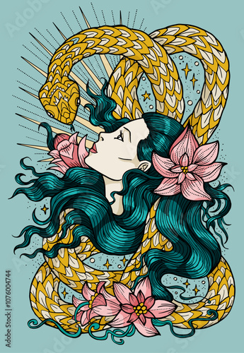 Hand drawn colorful vector illustration with beautiful girl and snake - symbol of the year according to eastern horoscope. Graphic artwork with esoteric, gothic and mystic concept