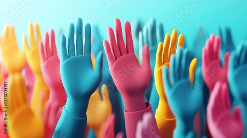 Vibrant 3D of Colorful Hands Raised in a Sign of Unity and