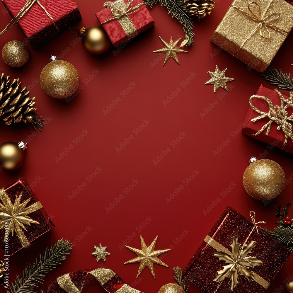 Festive Christmas decorations on red background	