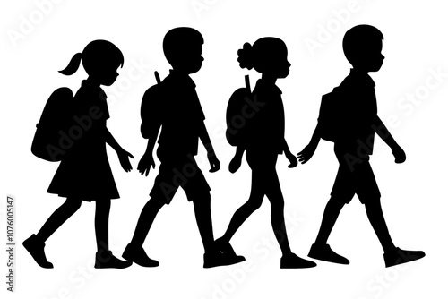 silhouette illustration of Kid student, school children silhouette, kids back to school silhouette, vector illustration, on white background.