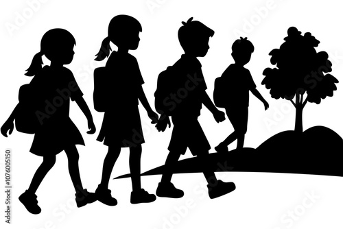 silhouette illustration of Kid student, school children silhouette, kids back to school silhouette, vector illustration, on white background.