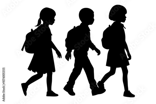 silhouette illustration of Kid student, school children silhouette, kids back to school silhouette, vector illustration, on white background.