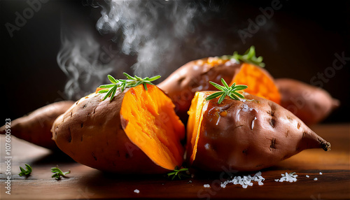 A high-quality picture of a steaming sweet potato cooked deliciously