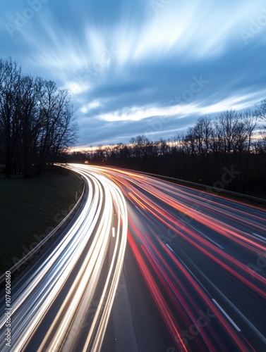 A long-exposure shot of a highway with streaks of light from moving vehicles at dusk.