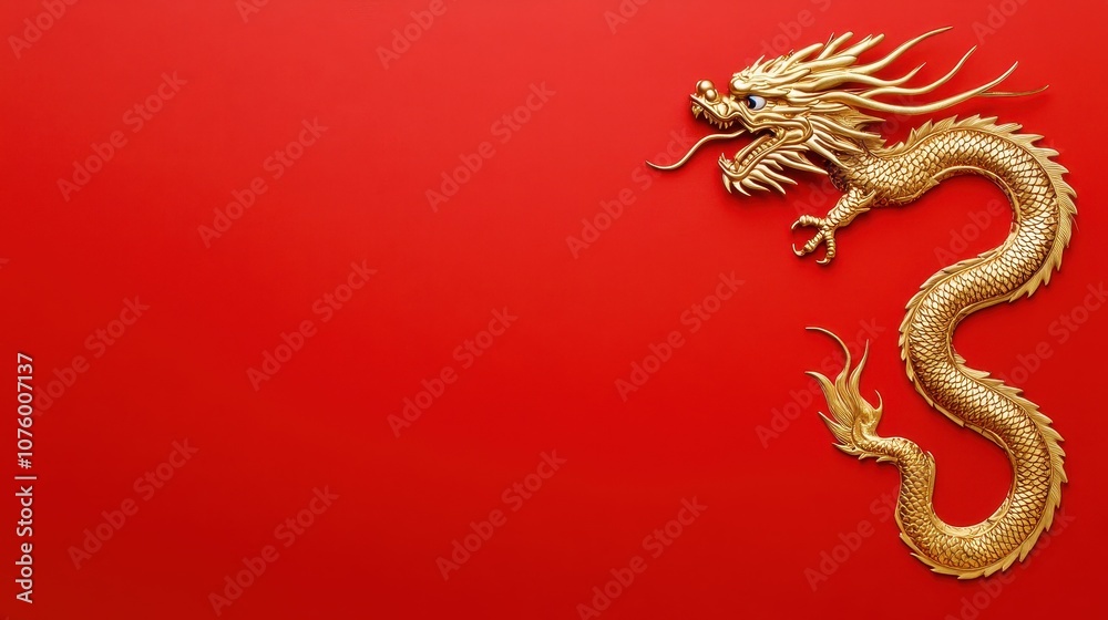 Explore the symbolism of the golden dragon against a vibrant red background for cultural significance Explore the symbolism of the golden dragon against a vibrant red background for cultural significance