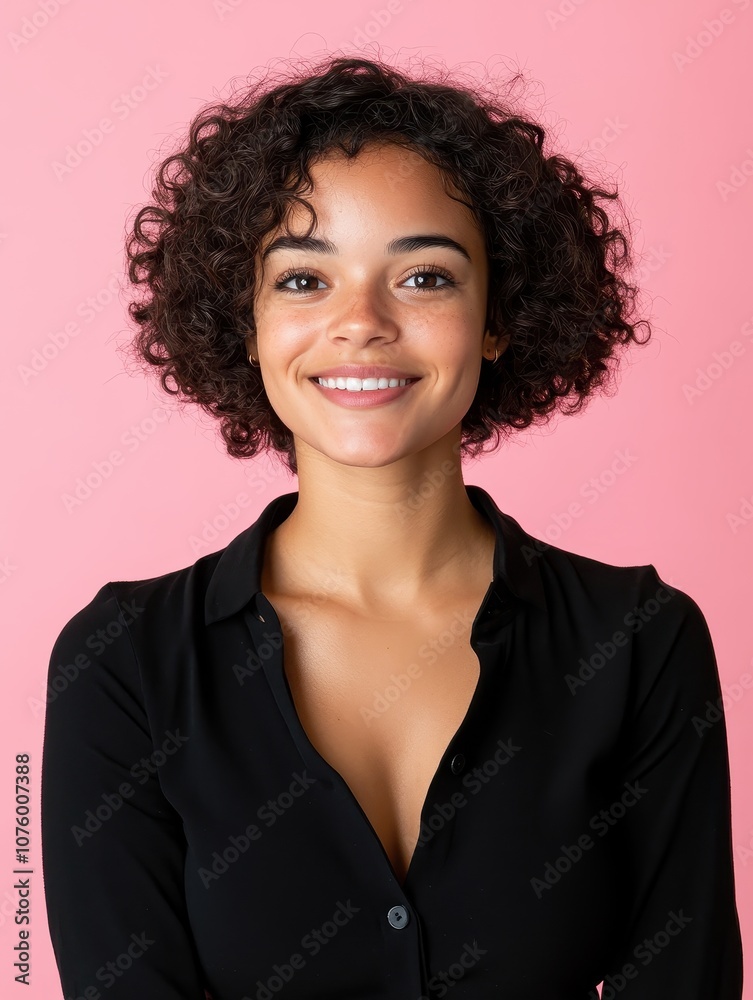 Smiling young woman with curly hair poses confidently against a pink background for a vibrant lifestyle portrait Smiling young woman with curly hair poses confidently against a pink background for a vibrant lifestyle portrait