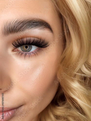 Close-Up of Blonde Model with Fluffy Classic Lash Extensions and Defined Brows