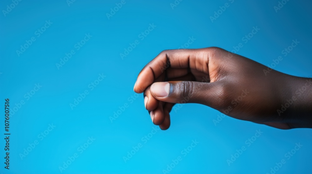 A graceful dark skin hand displays a shimmering ring, perfectly illuminated against a vibrant blue backdrop. Generative AI A graceful dark skin hand displays a shimmering ring, perfectly illuminated against a vibrant blue backdrop. Generative AI
