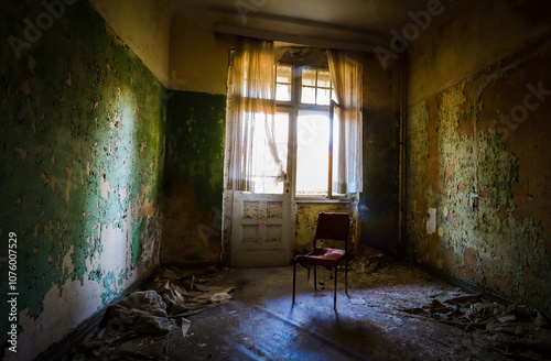 empty old chair in front of a window