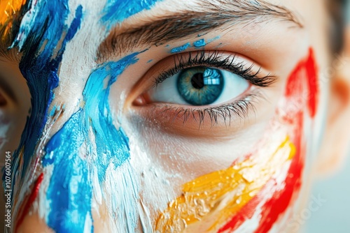 Close-Up of Blue Eye with Vibrant Face Paint Strokes – Artistic Expression in Art Therapy, Self-Discovery, and Emotional Healing Through Creative Arts