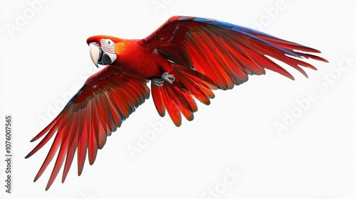 A vibrant scarlet macaw takes flight against a white background showcasing its striking feathers and graceful movement photo