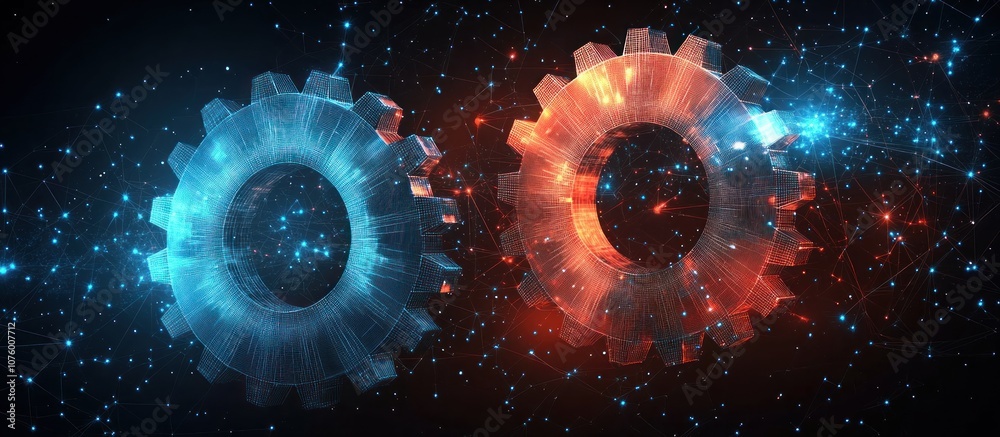 Fototapeta premium Two glowing gears interlock against a dark, starry background.