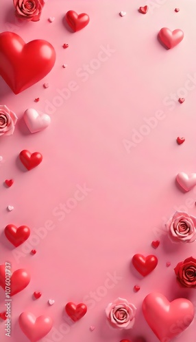 Valentine’s Day background featuring red and pink hearts, roses, and love-themed icons with a gradient backdrop.