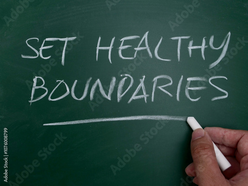 Set healthy boundaries, word text written on chalkboard, motivational inspirational quote
