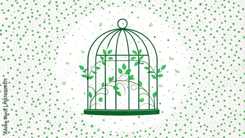 A Green Birdcage with Vines on a White Background with Green Flowers A Green Birdcage with Vines on a White Background with Green Flowers