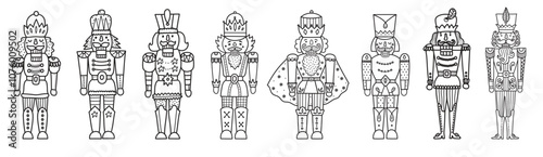 Nutcracker line set. Collection of minimalistic icons for site. Toy or mascot for children. Stickers for social networks and messengers. Flat vector illustrations isolated on white background