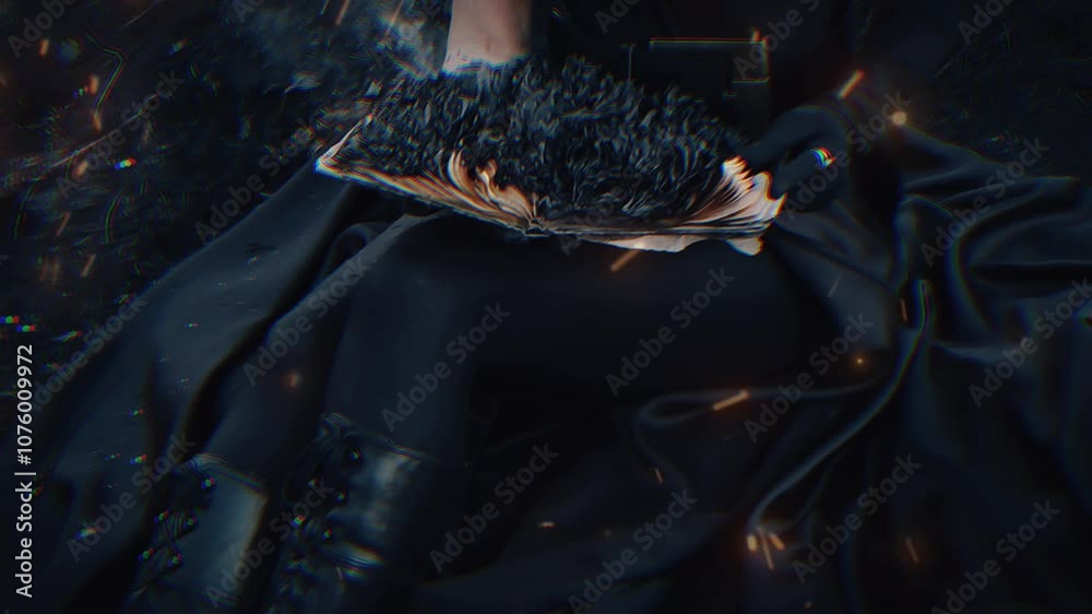 cinematic video white woman with black hair bob haircut and red devil horns on head in dark clothes on scorched earth with burning book with black burnt pages and sparks of fire slow motion 4K 24fps