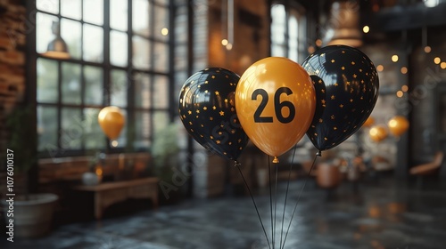 Three balloons with the number 26 on one, in a loft setting. photo