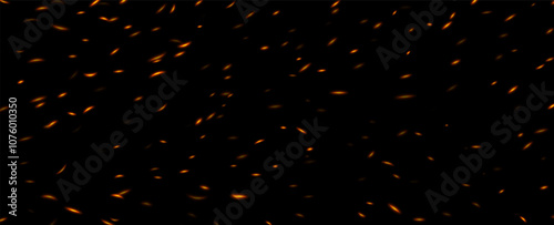 Fire sparks, abstract glowing embers, heat sparkles, flying flame cinder, bokeh fire texture. Vector illustration.