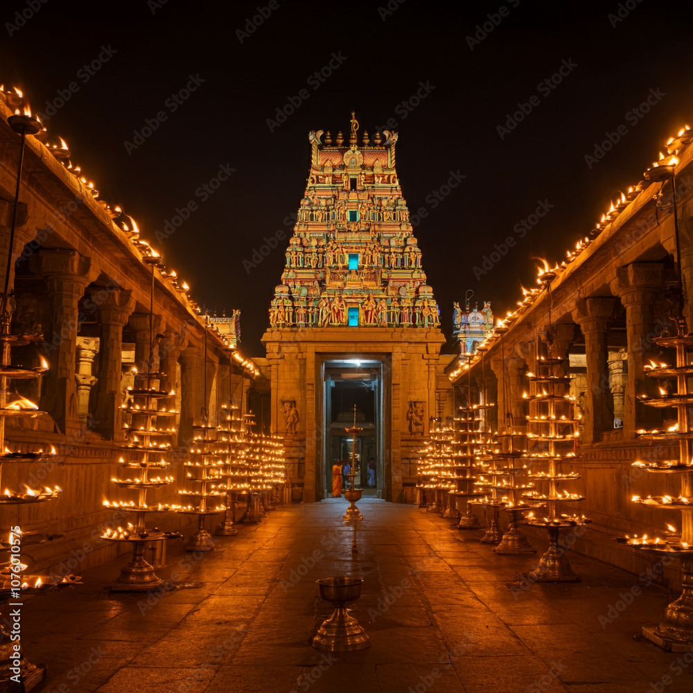 Obraz premium A majestic Hindu temple fully illuminated with oil lamps, celebrating the Karthigai Deepam festival, symbolizing the triumph of light over darkness