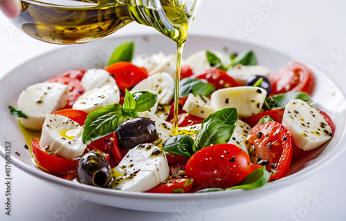 Fresh greek salad with olive oil being poured