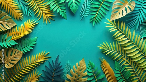 Vibrant tropical paper cutout palm leaves and ferns on teal background , summer, exotic, vibrant, tropical, colorful