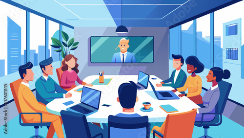 A group of people are sitting around a table in a conference room