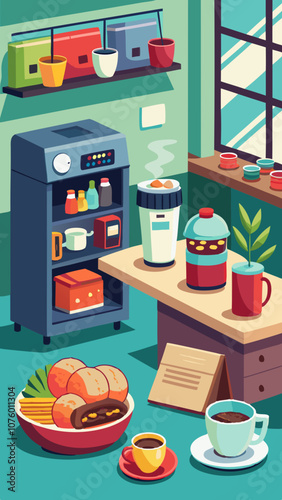 A kitchen with a coffee maker and a bowl of food