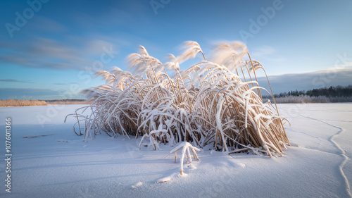 Frozen Reed Grasses on Snow-Covered Lake at Dawn
