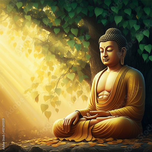 Golden Buddha statue medita...